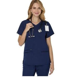 Hanes Premium Scrub Top‎ V-Neck 3 Pocket 2XL Navy Blue Stretch NWT